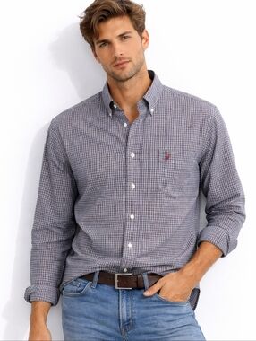 Nautica Men's Long-Sleeve Button-Down Check Wrinkle Free Shirt-Navy & Gray(L)